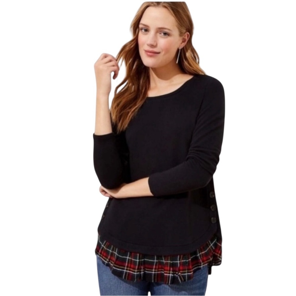 LOFT Black Plaid Hem Blouse